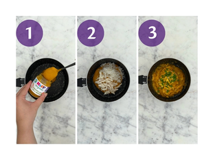 Three-step overhead guide to making baby chicken and veg paella in a pan using HiPP Organic jar, rice, chicken, peas and sweetcorn.