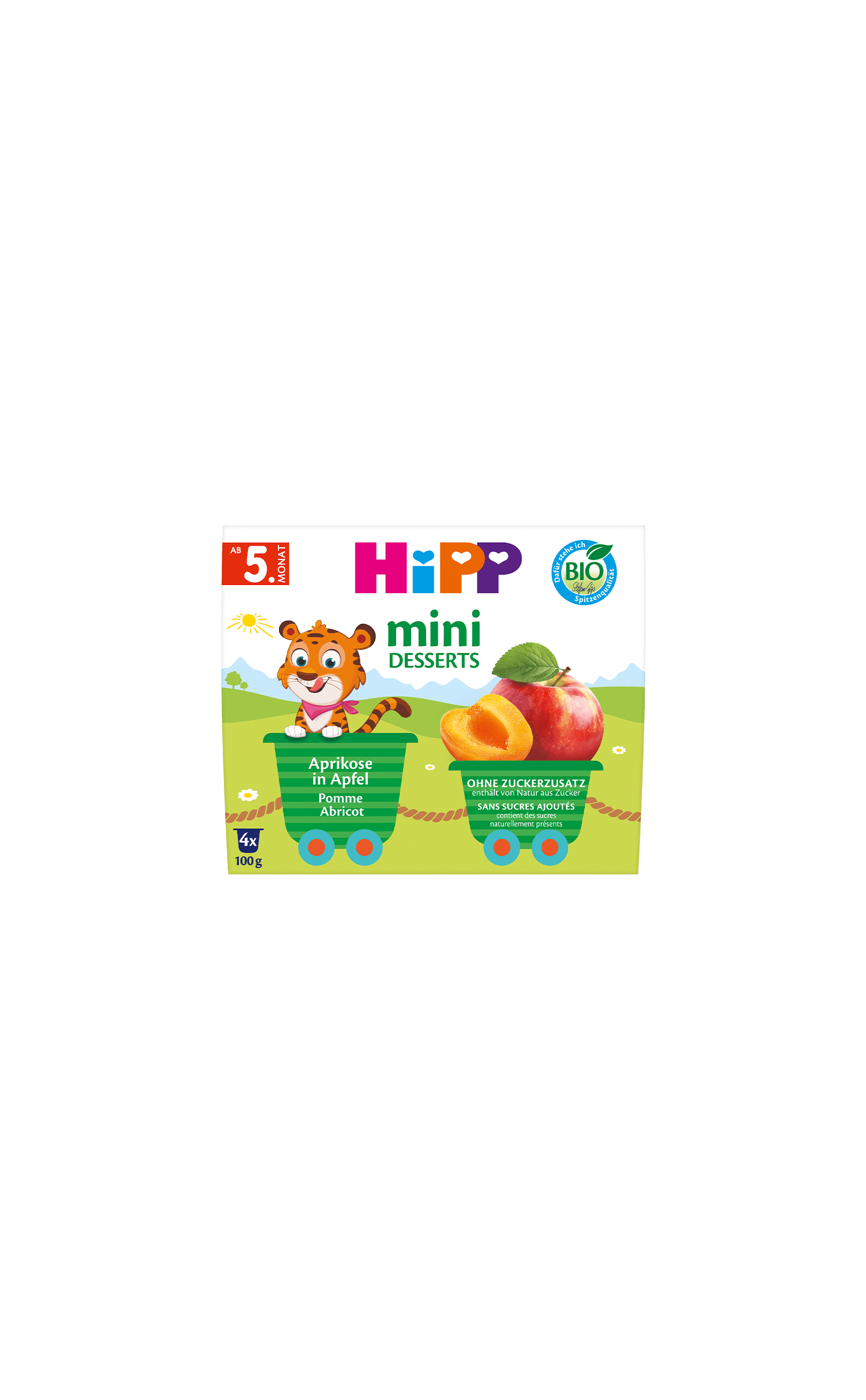 HiPP Mini Desserts Aprikose in Apfel, 4×100g Bio-Becher ab 5. Monat, ohne Zuckerzusatz, Packung mit Apfel- und Aprikosenmotiv