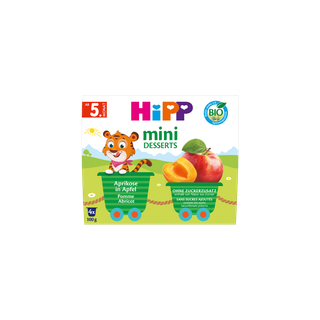 HiPP Mini Desserts Aprikose in Apfel, 4×100g Bio-Becher ab 5. Monat, ohne Zuckerzusatz, Packung mit Apfel- und Aprikosenmotiv