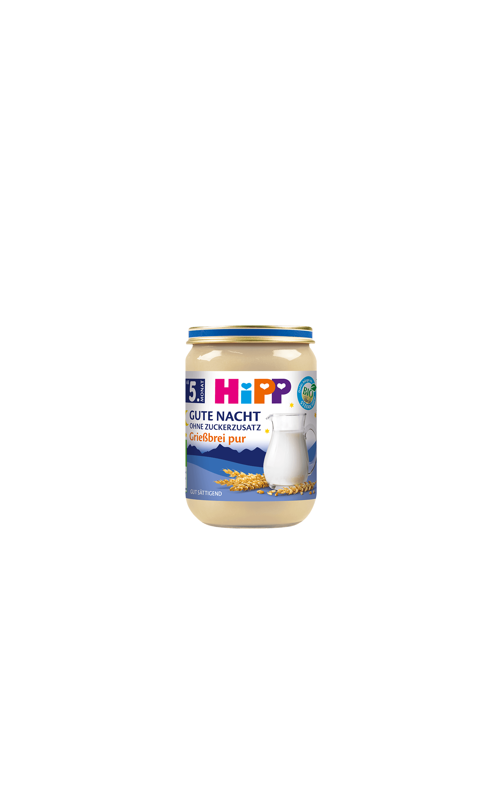 HiPP Gute Nacht Grießbrei pur Bio-Gläschen ab 5. Monat mit Milch und Getreide vor schwarzem Hintergrund