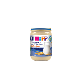 HiPP Gute Nacht Grießbrei pur Bio-Gläschen ab 5. Monat mit Milch und Getreide vor schwarzem Hintergrund