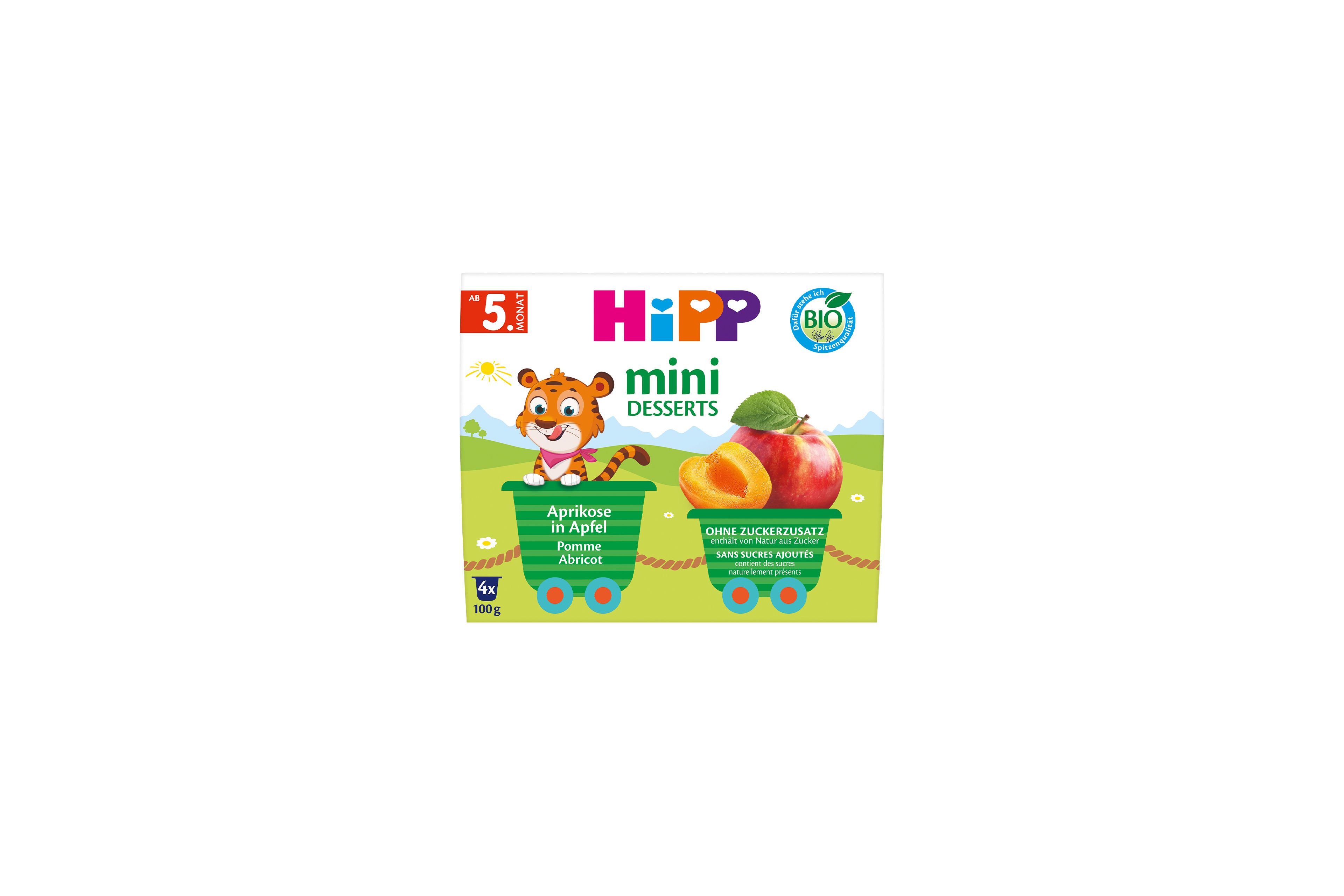 HiPP Mini Desserts Aprikose in Apfel, 4×100g Bio-Becher ab 5. Monat, ohne Zuckerzusatz, Packung mit Apfel- und Aprikosenmotiv