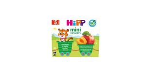 HiPP Mini Desserts Aprikose in Apfel, 4×100g Bio-Becher ab 5. Monat, ohne Zuckerzusatz, Packung mit Apfel- und Aprikosenmotiv