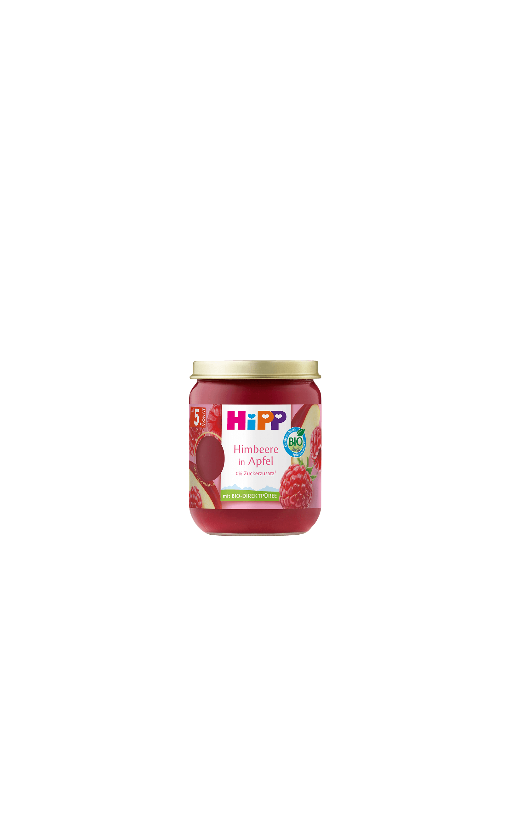 HiPP Bio Früchte-Gläschen „Himbeere in Apfel“ ab 5. Monat, rotes Fruchtpüree im Glas mit goldfarbenem Deckel