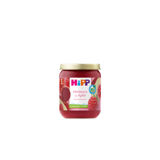 HiPP Bio Früchte-Gläschen „Himbeere in Apfel“ ab 5. Monat, rotes Fruchtpüree im Glas mit goldfarbenem Deckel