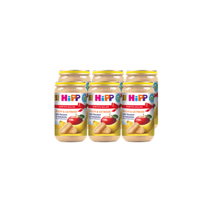 Sechserpack HiPP Vorteils-Gläser Apfel-Banane mit Babykeks, Frucht & Getreide, 6×250g auf schwarzem Hintergrund