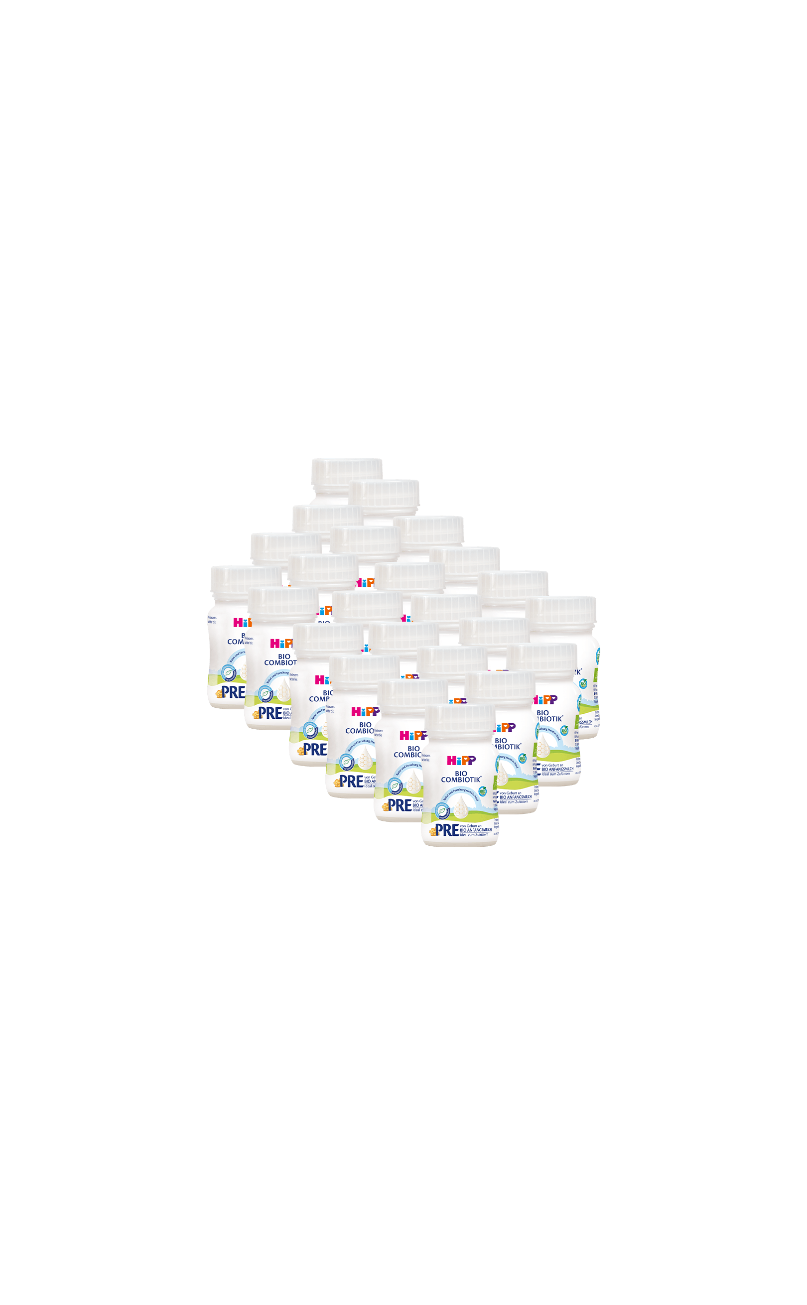 24er-Pack HiPP Bio Combiotik PRE Anfangsmilch, 90-ml-Fläschchen für unterwegs auf schwarzem Hintergrund angeordnet