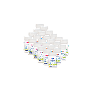 24er-Pack HiPP Bio Combiotik PRE Anfangsmilch, 90-ml-Fläschchen für unterwegs auf schwarzem Hintergrund angeordnet