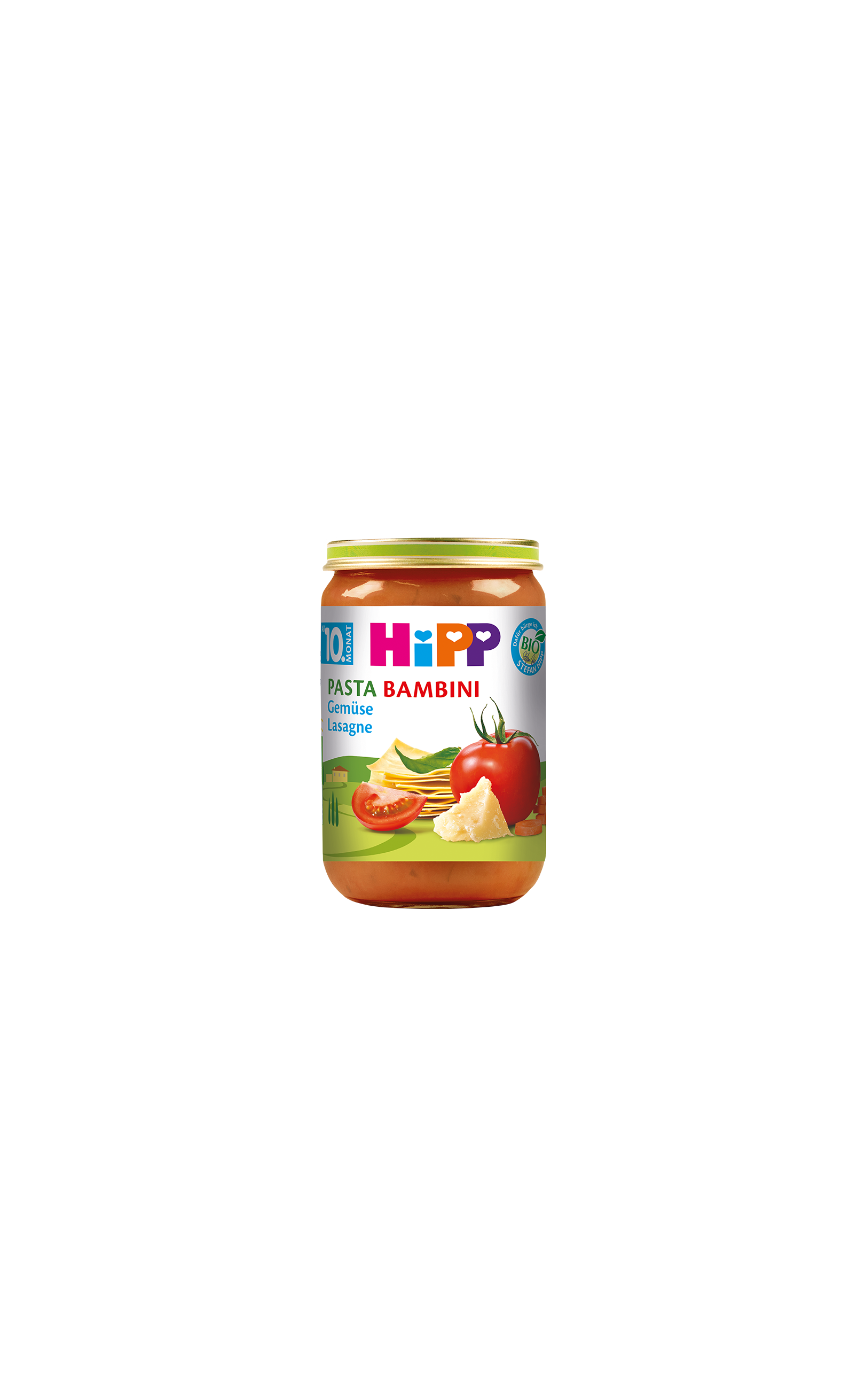 HiPP Pasta Bambini Gemüse-Lasagne Bio-Gläschen ab dem 10. Monat mit Tomaten- und Gemüsemotiv auf dem Etikett