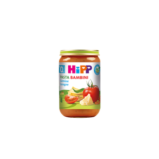 HiPP Pasta Bambini Gemüse-Lasagne Bio-Gläschen ab dem 10. Monat mit Tomaten- und Gemüsemotiv auf dem Etikett
