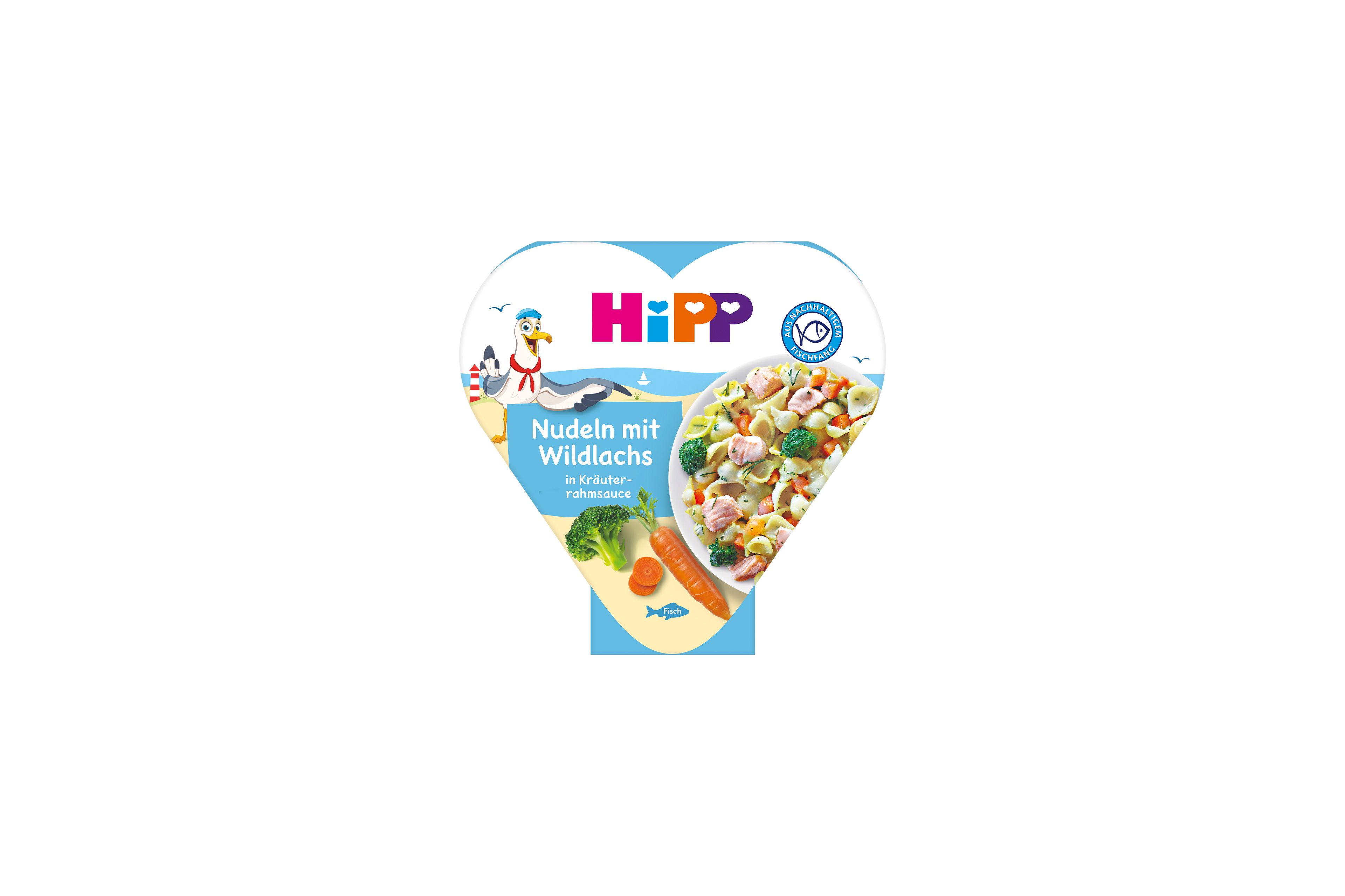 HiPP Herzchen-Schale Nudeln mit Wildlachs in Kräuterrahmsauce, bebildert mit Pasta, Lachs, Gemüse und maritimem Motiv auf der Verpackung