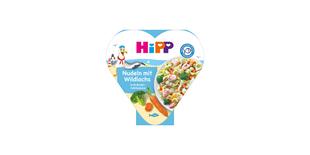 HiPP Herzchen-Schale Nudeln mit Wildlachs in Kräuterrahmsauce, bebildert mit Pasta, Lachs, Gemüse und maritimem Motiv auf der Verpackung