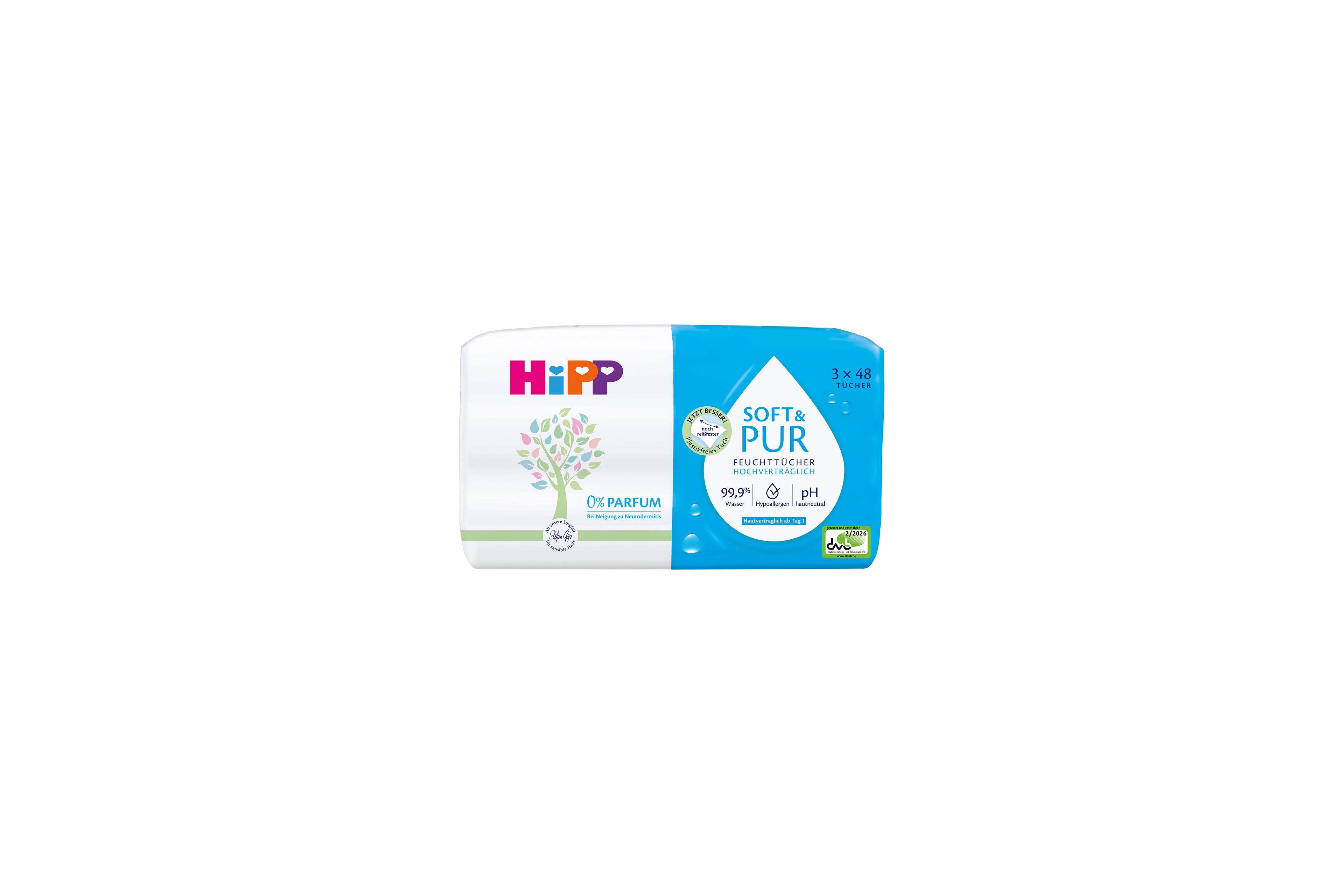 HiPP Soft & Pur Feuchttücher Packung, hypoallergene, parfümfreie Baby-Feuchttücher mit 99,9 % Wasser für sensible Haut