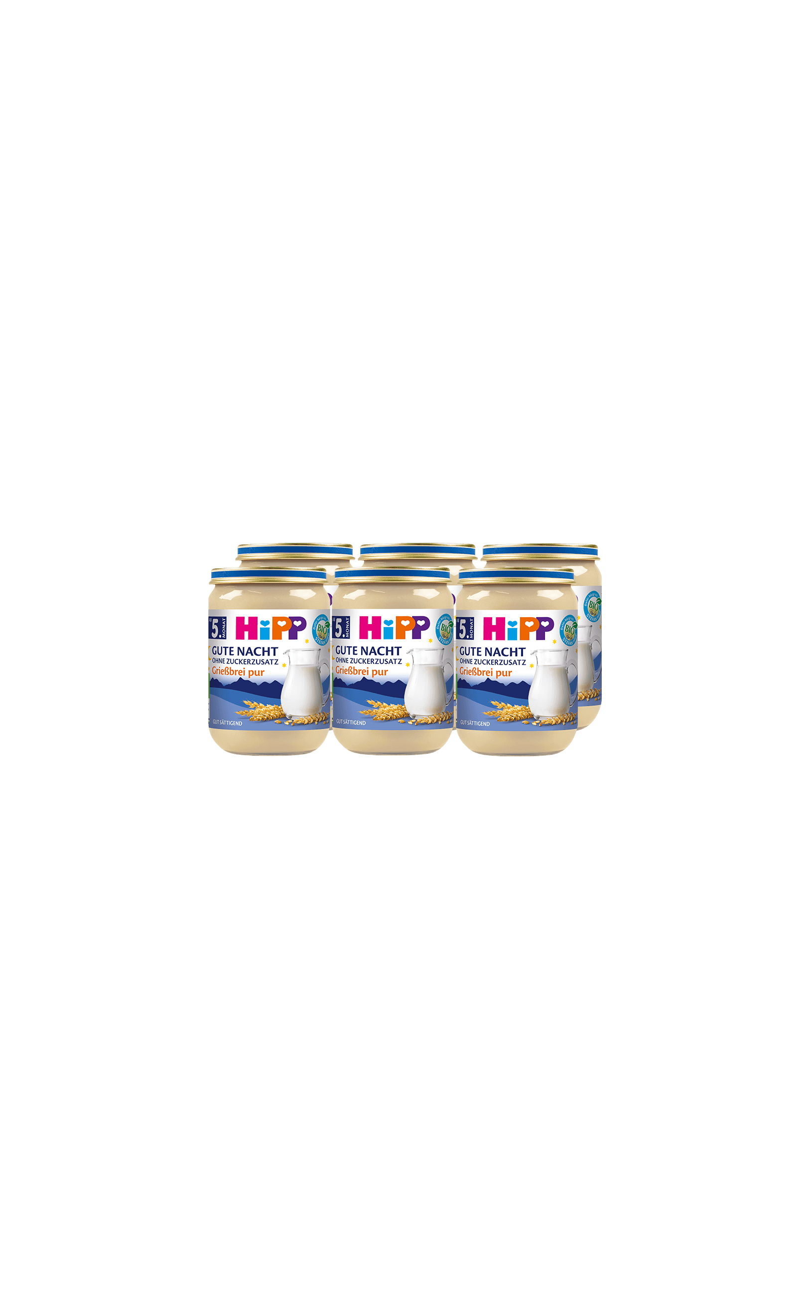 6er-Pack HiPP Gute Nacht Grießbrei pur im 190g-Glas, milder Abendbrei ohne Zuckerzusatz für Babys