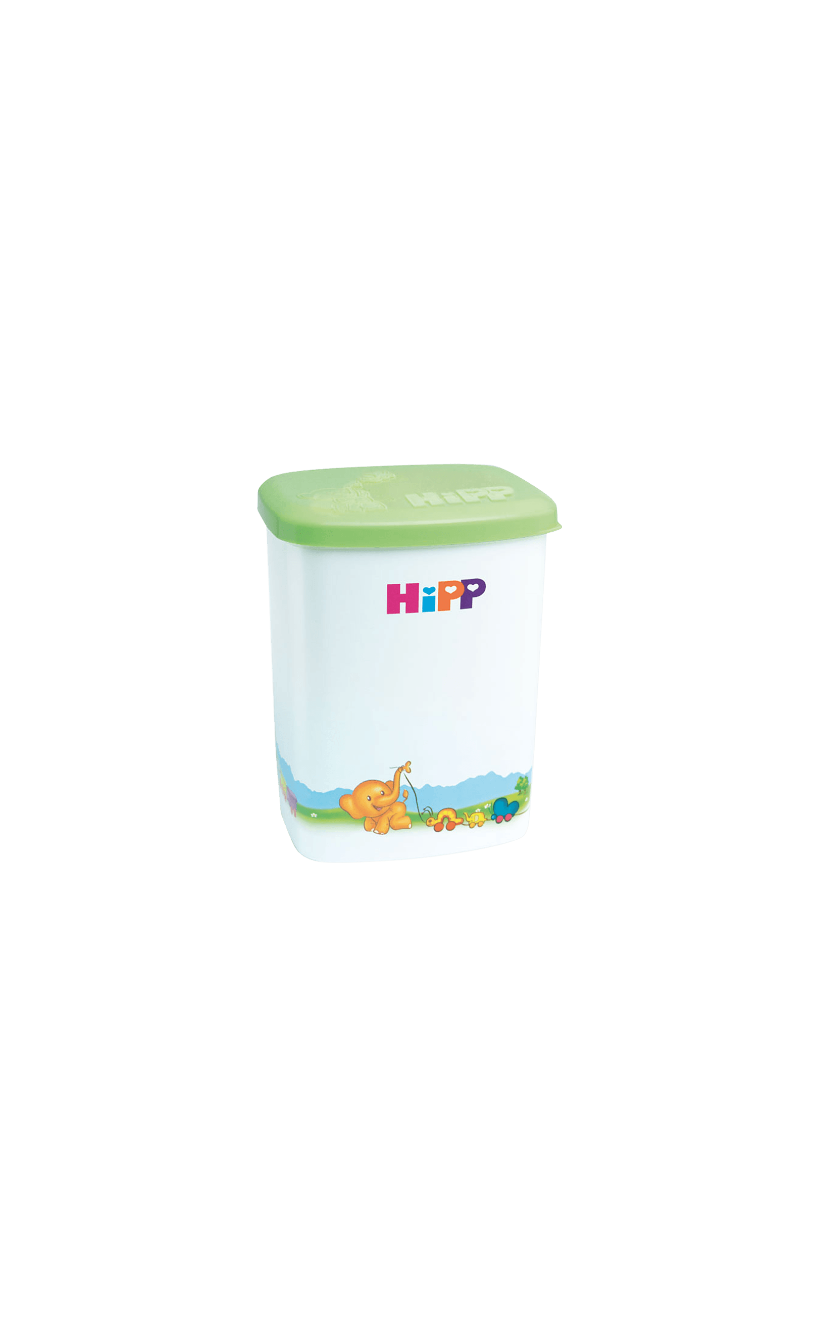 HiPP Milchbox: weiße Aufbewahrungsbox mit grünem Deckel und buntem Elefantenmotiv für Babynahrung oder Milchpulver