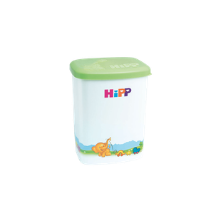 HiPP Milchbox: weiße Aufbewahrungsbox mit grünem Deckel und buntem Elefantenmotiv für Babynahrung oder Milchpulver