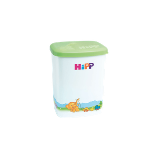 HiPP Milchbox: weiße Aufbewahrungsbox mit grünem Deckel und buntem Elefantenmotiv für Babynahrung oder Milchpulver