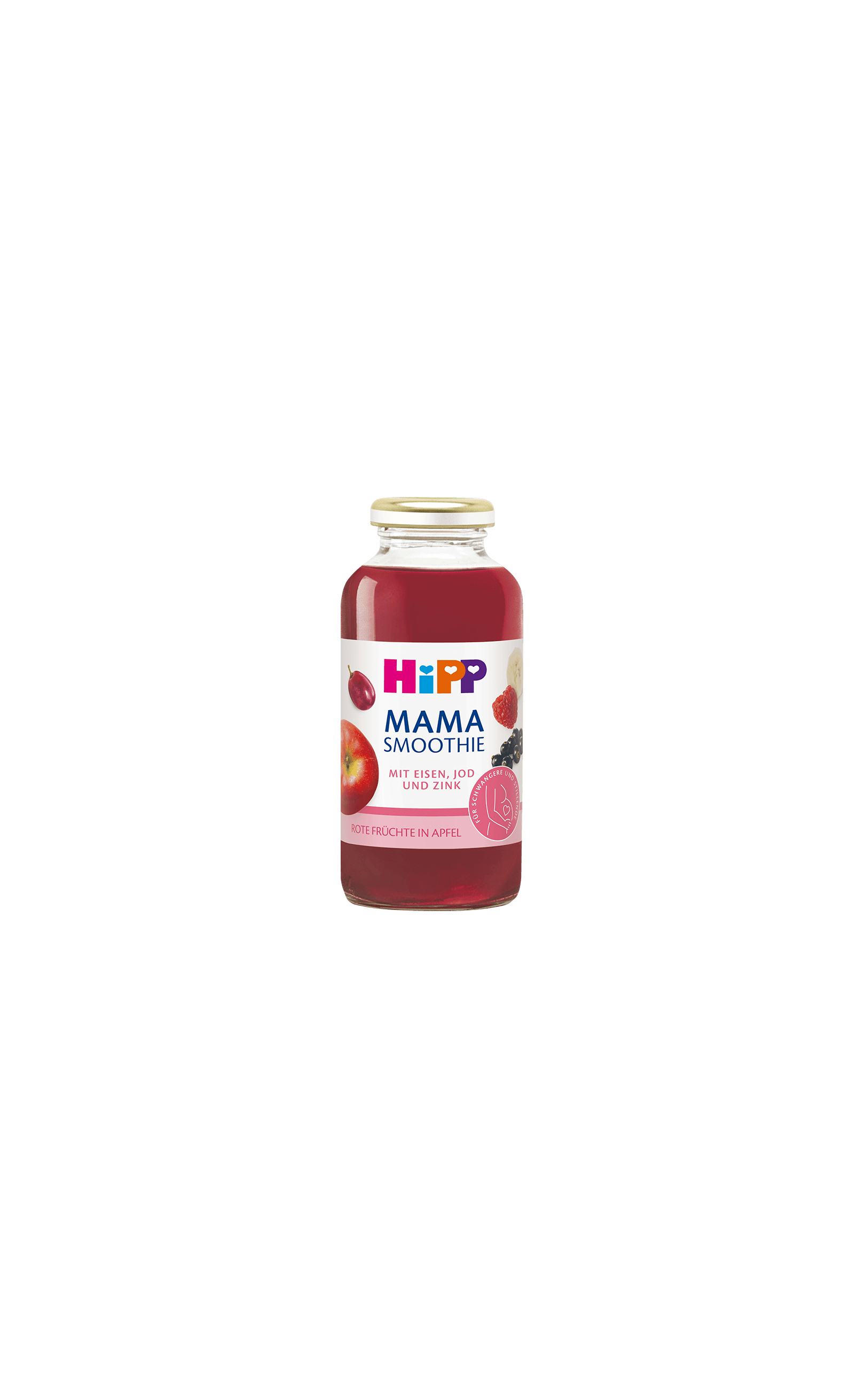 HiPP Mama Smoothie Rote Früchte in Apfel in Glasflasche mit rosa Etikett auf schwarzem Hintergrund