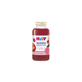 HiPP Mama Smoothie Rote Früchte in Apfel in Glasflasche mit rosa Etikett auf schwarzem Hintergrund