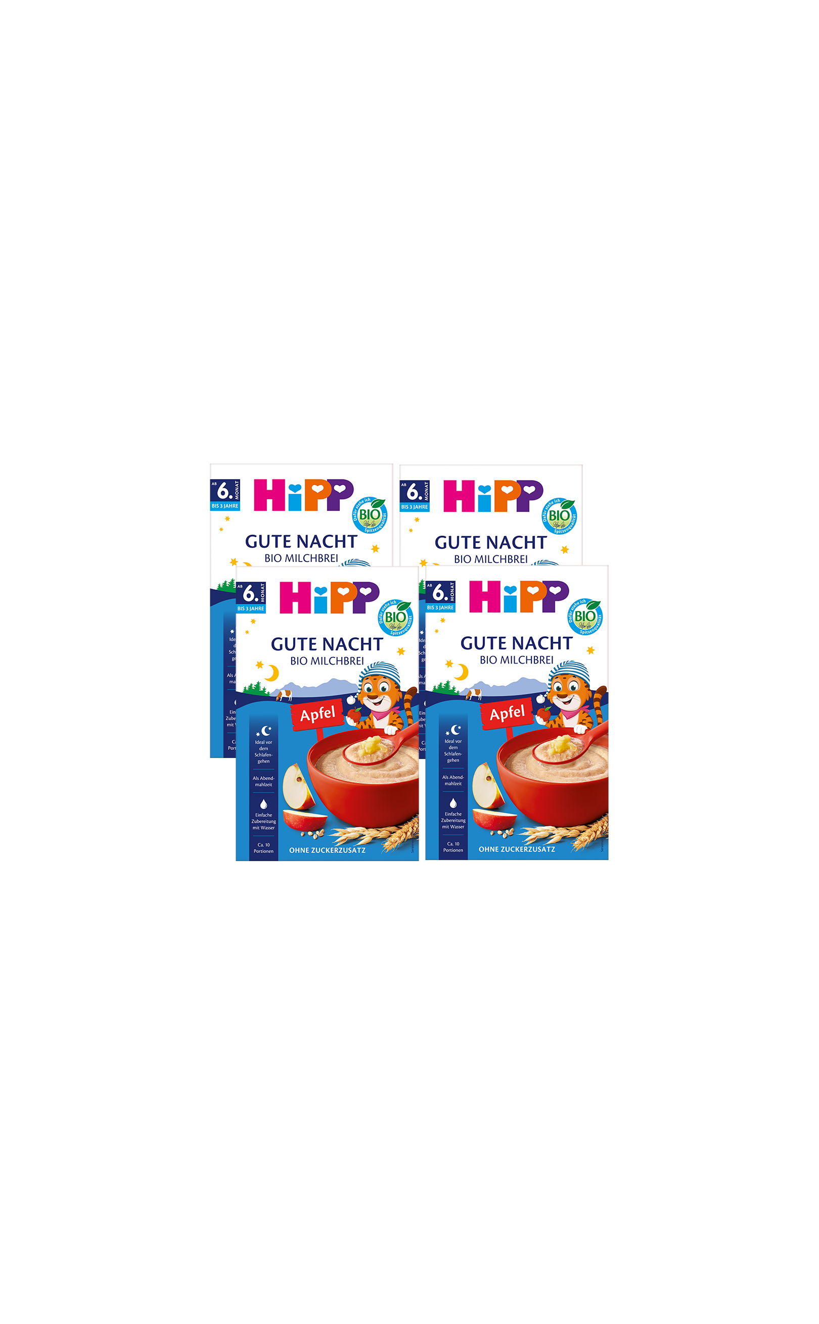 Viererpack HiPP Gute Nacht Bio Milchbrei Apfel, ab 6 Monaten, ohne Zuckerzusatz auf schwarzem Hintergrund angeordnet