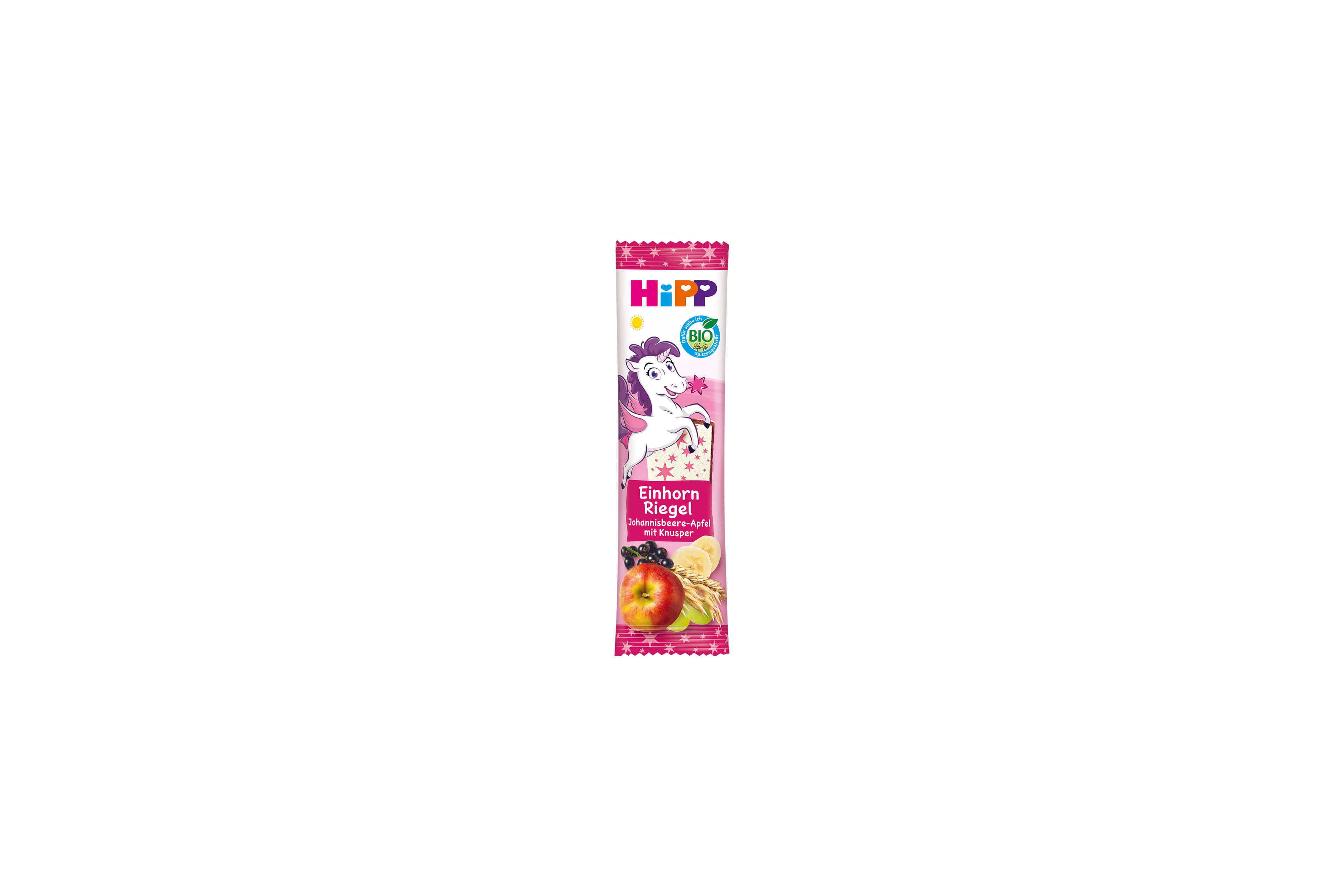 HiPP Einhorn Riegel Bio-Fruchtriegel in pinker Verpackung mit Einhornmotiv, Apfel, Johannisbeeren und Getreideknusper