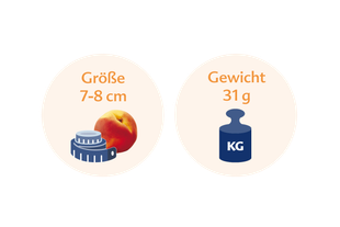 Ein Pfirsich mit einem Maßband daneben und einer blauen Gewichtsanzeige mit der Aufschrift "KG".