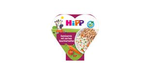 HiPP Bio Herzchen-Schale Gemüsereis mit zartem Geschnetzelten, Packung mit Reis-Gemüse-Menü und Rindfleischabbildung