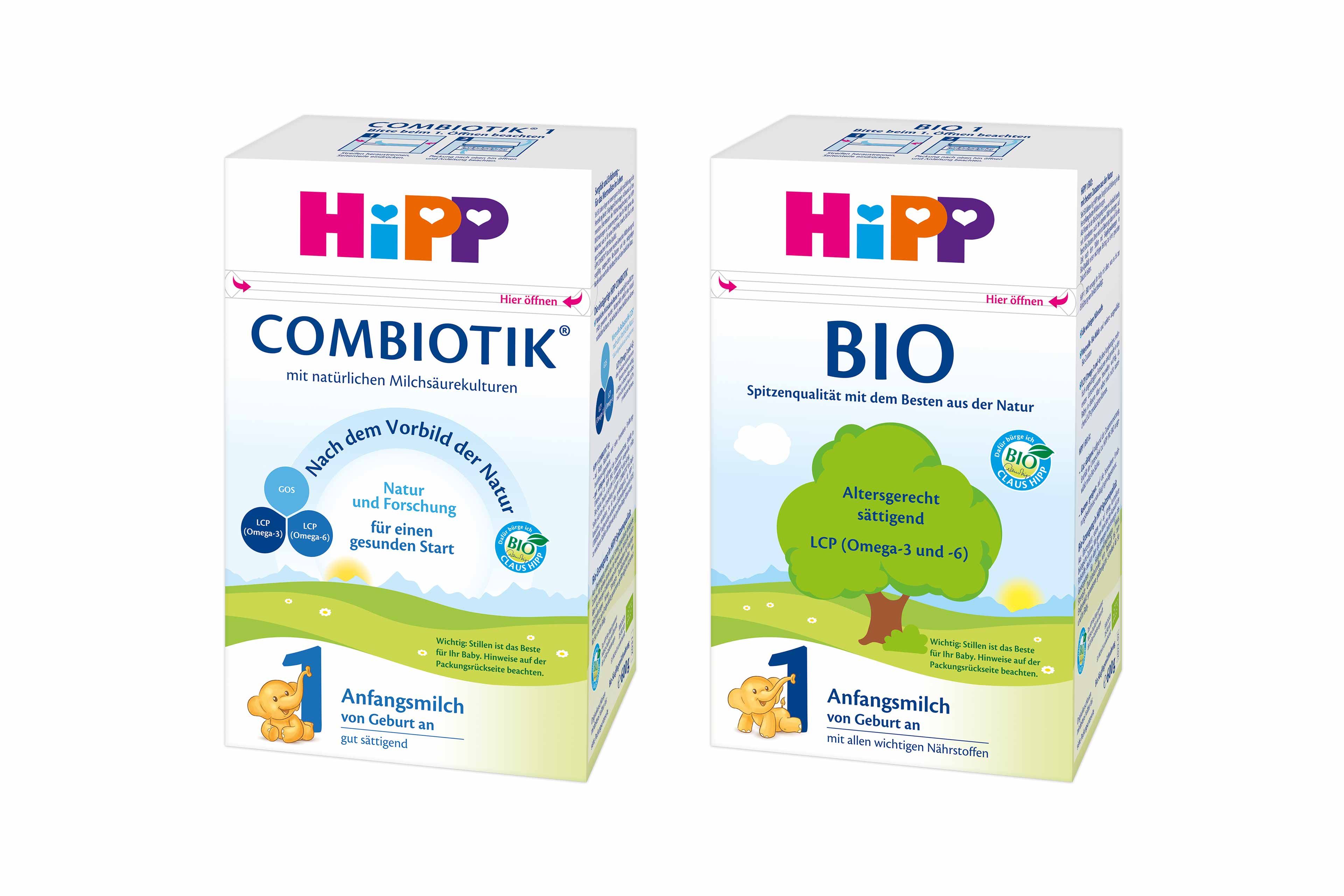 Zwei Packungen mit Babynahrung: "Combiotik" und "Bio", beide mit der Aufschrift "Hipp". Beide Verpackungen heben die natürlichen Zutaten und den Verzicht auf künstliche Farb- und Konservierungsstoffe hervor.