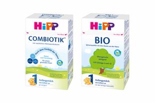 Zwei HiPP Packungen Anfangsmilch (COMBIOTIK und BIO) mit Naturmotiven und Bio-Siegel nebeneinander vor weißem Hintergrund.