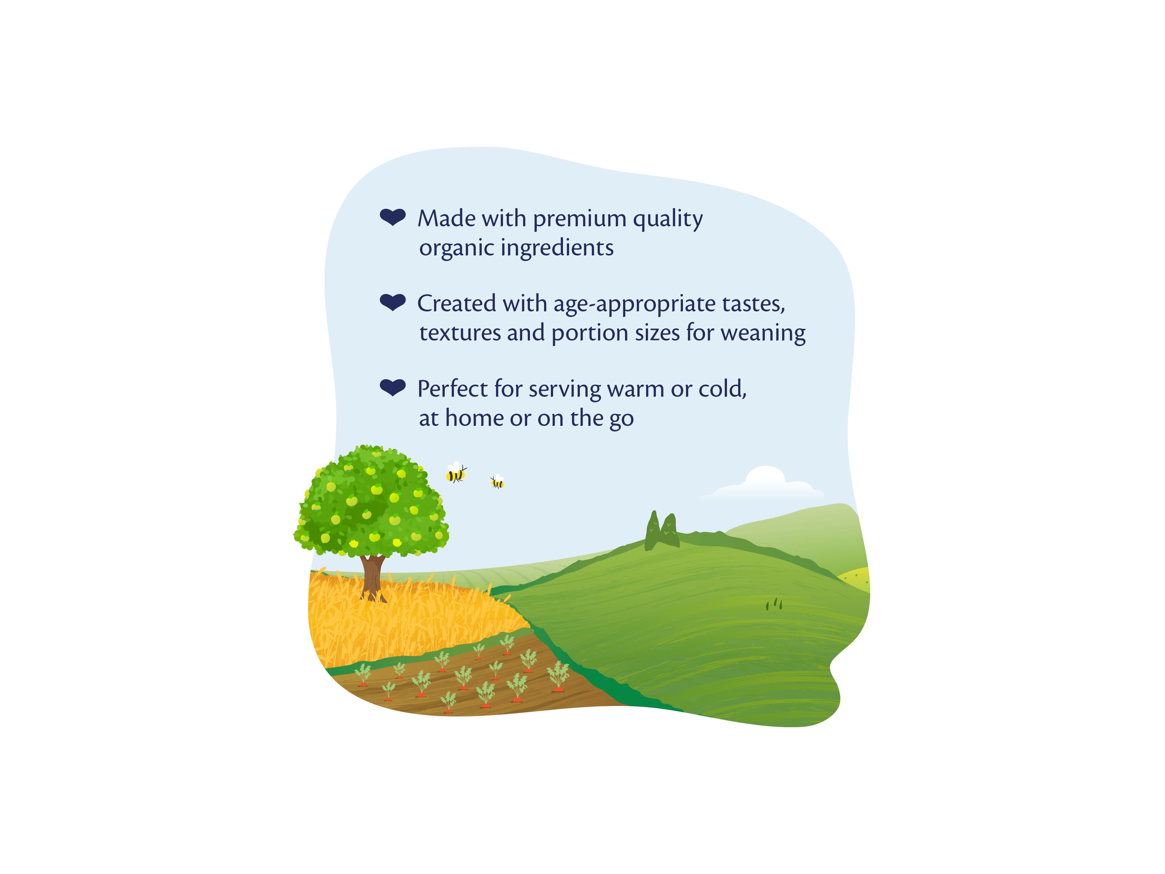Illustrated countryside scene with text highlighting organic ingredients, weaning-friendly textures and flexible warm or cold serving