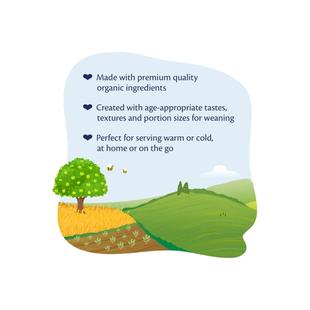 Illustrated countryside scene with text highlighting organic ingredients, weaning-friendly textures and flexible warm or cold serving