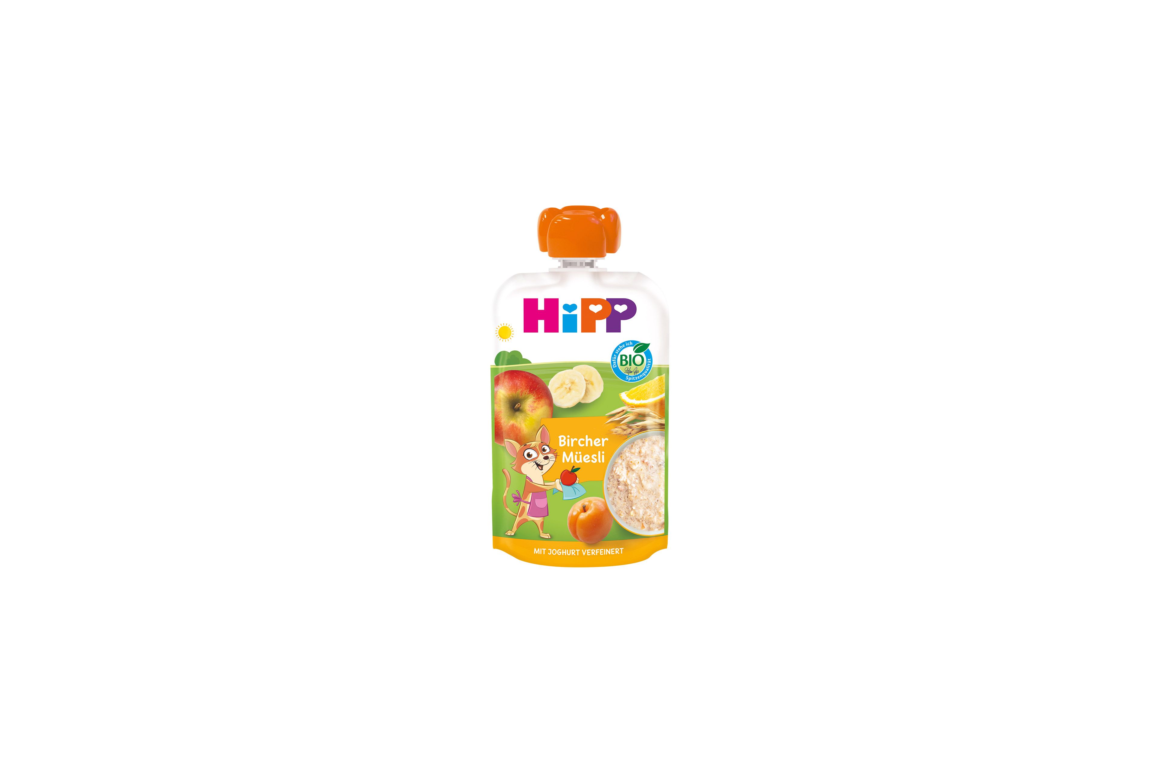 HiPP Bio Quetschbeutel Bircher Müesli mit Joghurt, Apfel, Banane und Getreide auf hellem Beutel mit orangefarbenem Verschluss