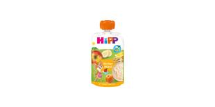 HiPP Bio Quetschbeutel Bircher Müesli mit Joghurt, Apfel, Banane und Getreide auf hellem Beutel mit orangefarbenem Verschluss
