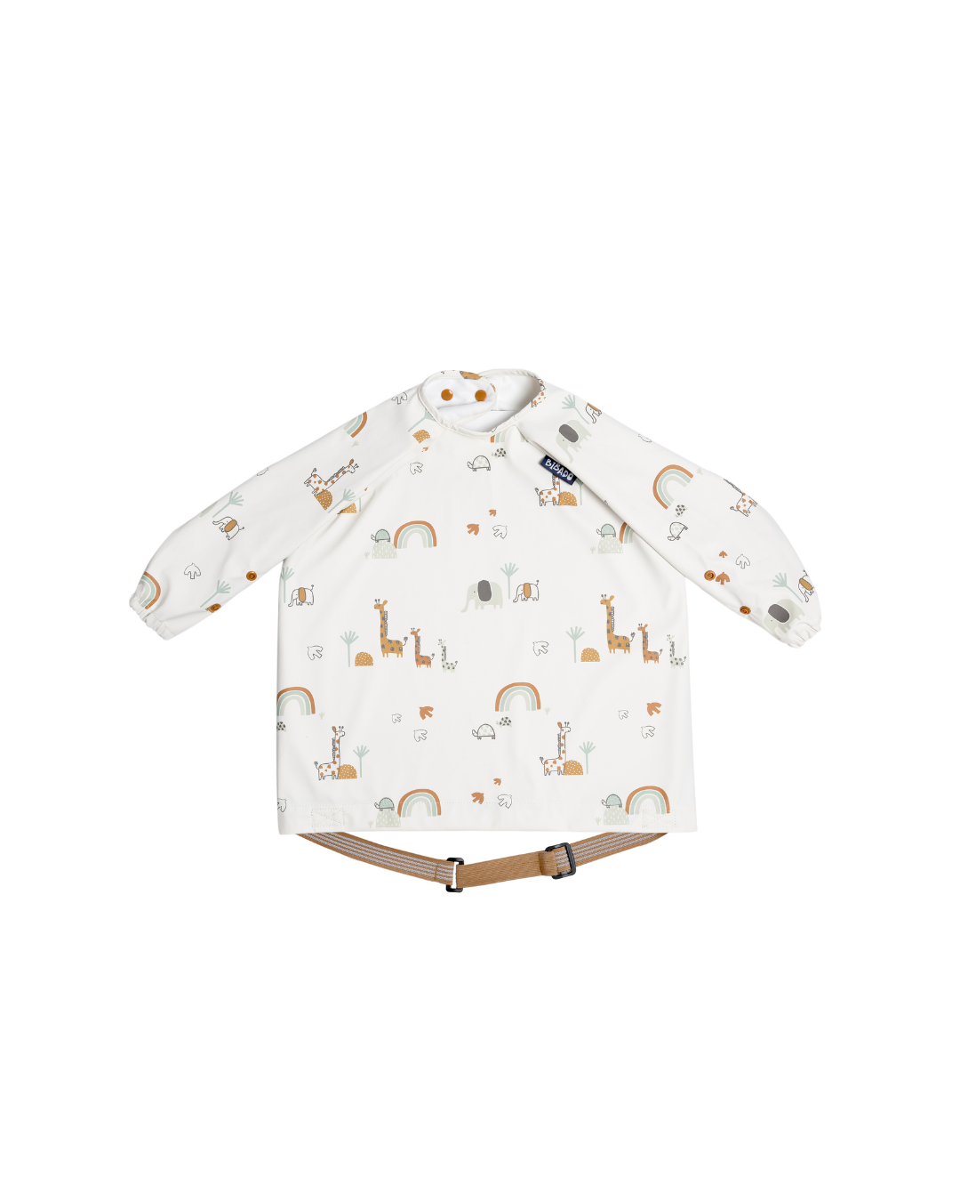 A flat lay image of a Bibado coverall bib on a white background