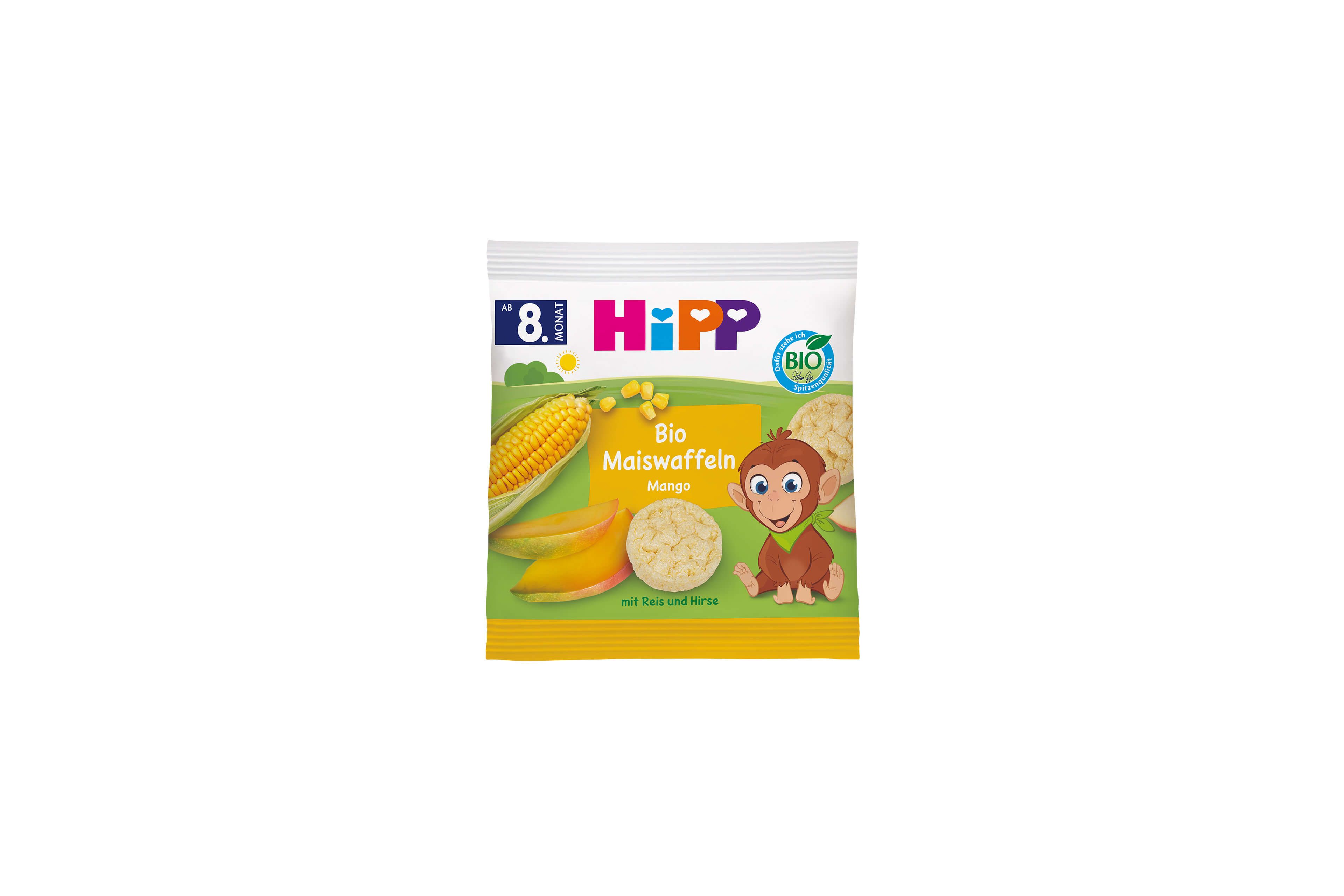 HiPP Bio Maiswaffeln Mango Snackpackung mit Maiskolben, Mangostücken, Waffeln und fröhlichem Affenmotiv ab 8. Monat