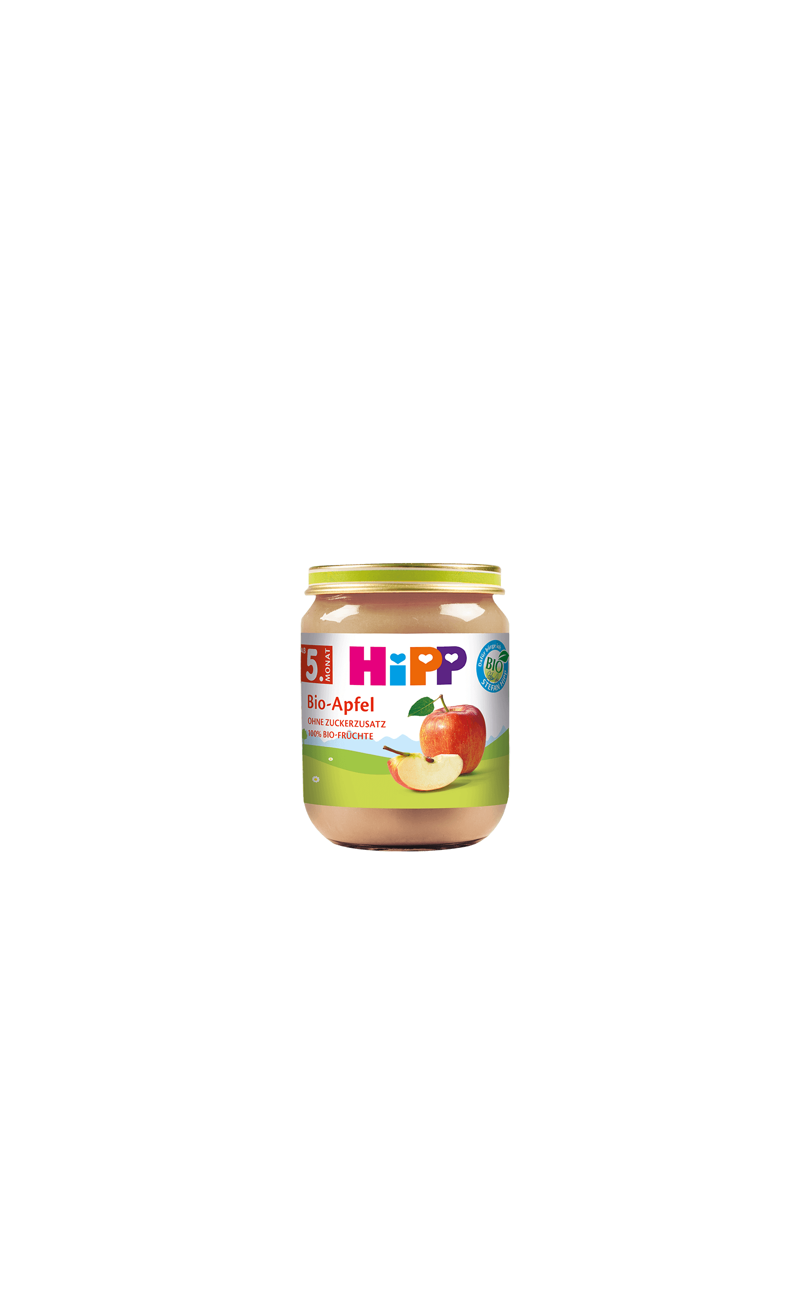 HiPP Bio-Apfel Babygläschen mit Apfelpüree ohne Zuckerzusatz vor weißem Hintergrund