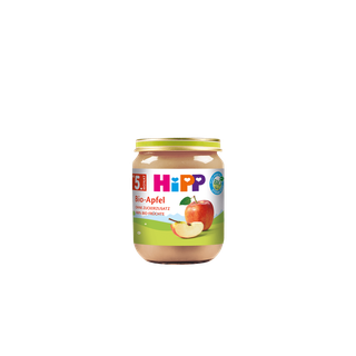 HiPP Bio-Apfel Babygläschen mit Apfelpüree ohne Zuckerzusatz vor weißem Hintergrund