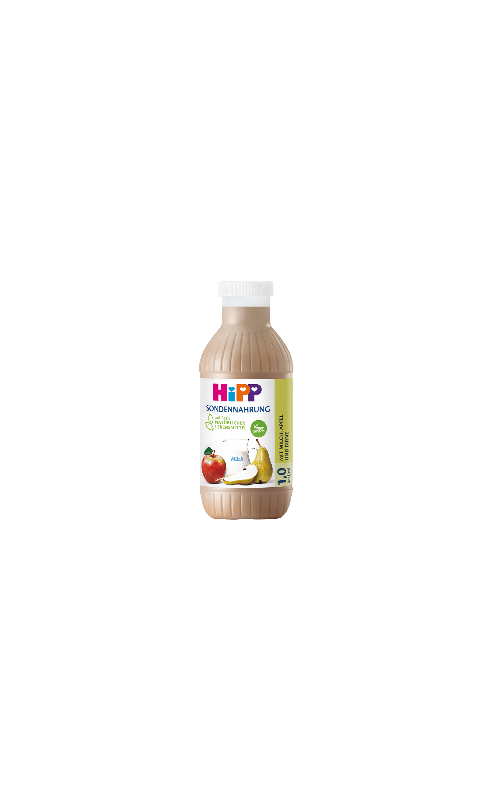 HiPP Sondennahrung Flasche (1,0 kcal/ml) mit Milch, Apfel und Birne auf weißem Hintergrund