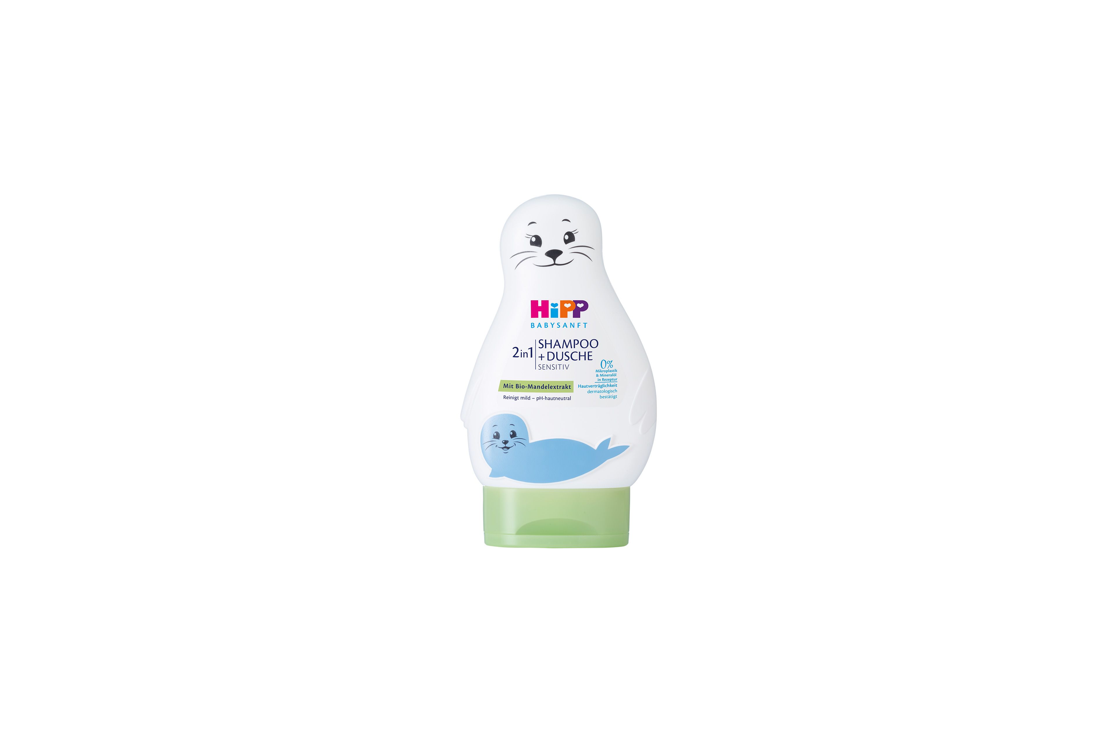 HiPP Babysanft 2in1 Shampoo + Dusche Sensitiv in weißer Seehund-Flasche mit grünem Verschluss auf schwarzem Hintergrund