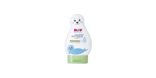 HiPP Babysanft 2in1 Shampoo + Dusche Sensitiv in weißer Seehund-Flasche mit grünem Verschluss auf schwarzem Hintergrund