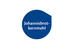 Blaues rundes Piktogramm mit weißer Aufschrift 'Johannisbrotkernmehl'