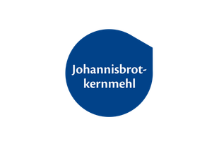 Blaues rundes Piktogramm mit weißer Aufschrift 'Johannisbrotkernmehl'