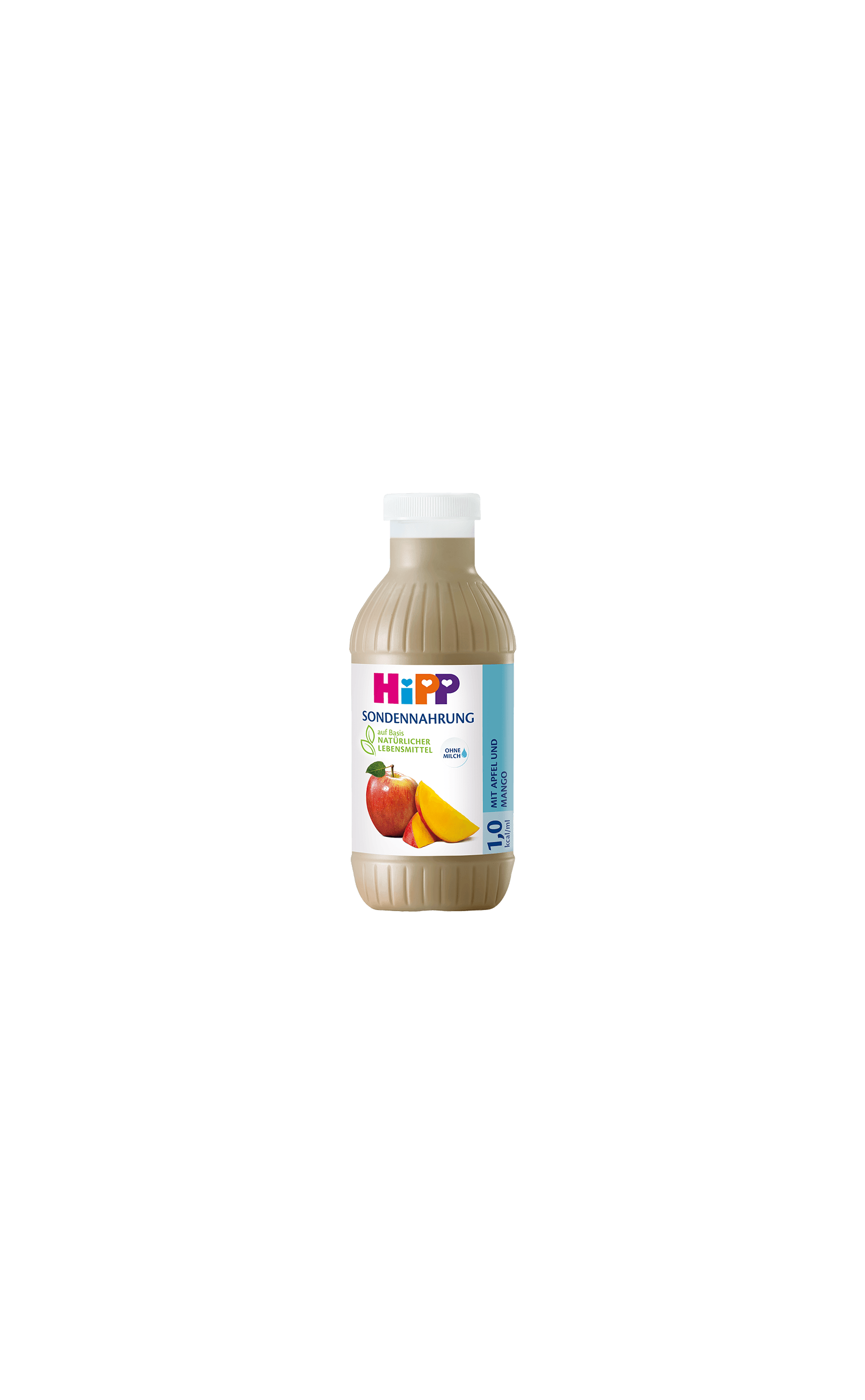 HiPP Sondennahrung 1,0 kcal/ml in 500-ml-Flasche mit Apfel-Mango-Geschmack auf weißem Hintergrund