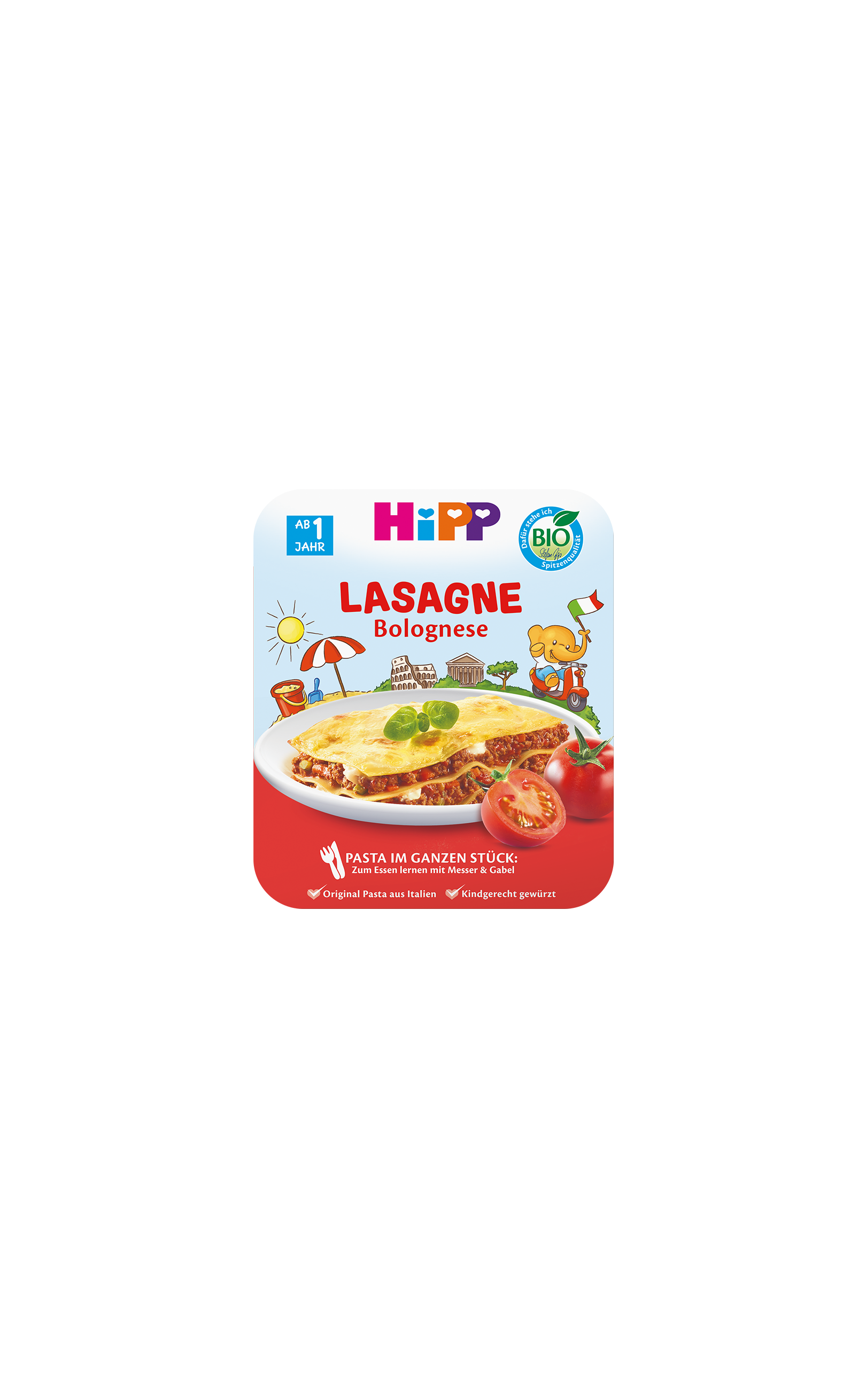 HiPP Lasagne Bolognese Beikost-Schale ab 1 Jahr mit Lasagneportion auf Teller und Tomaten auf der Verpackung