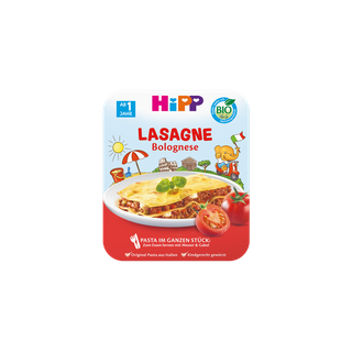 HiPP Lasagne Bolognese Beikost-Schale ab 1 Jahr mit Lasagneportion auf Teller und Tomaten auf der Verpackung