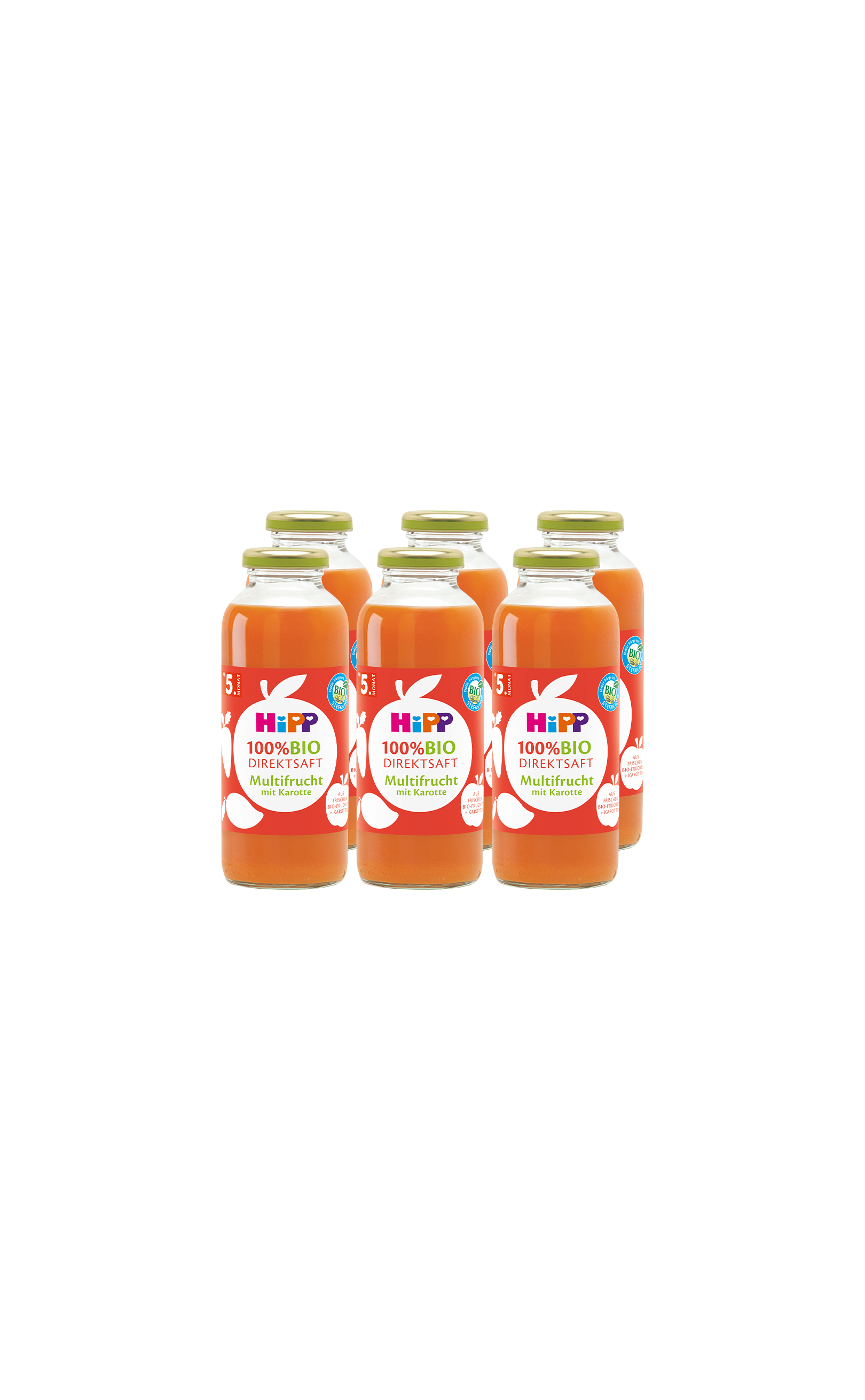 Sechserpack 330-ml-Flaschen HiPP 100% Bio Direktsaft Multifrucht mit Karotte vor schwarzem Hintergrund