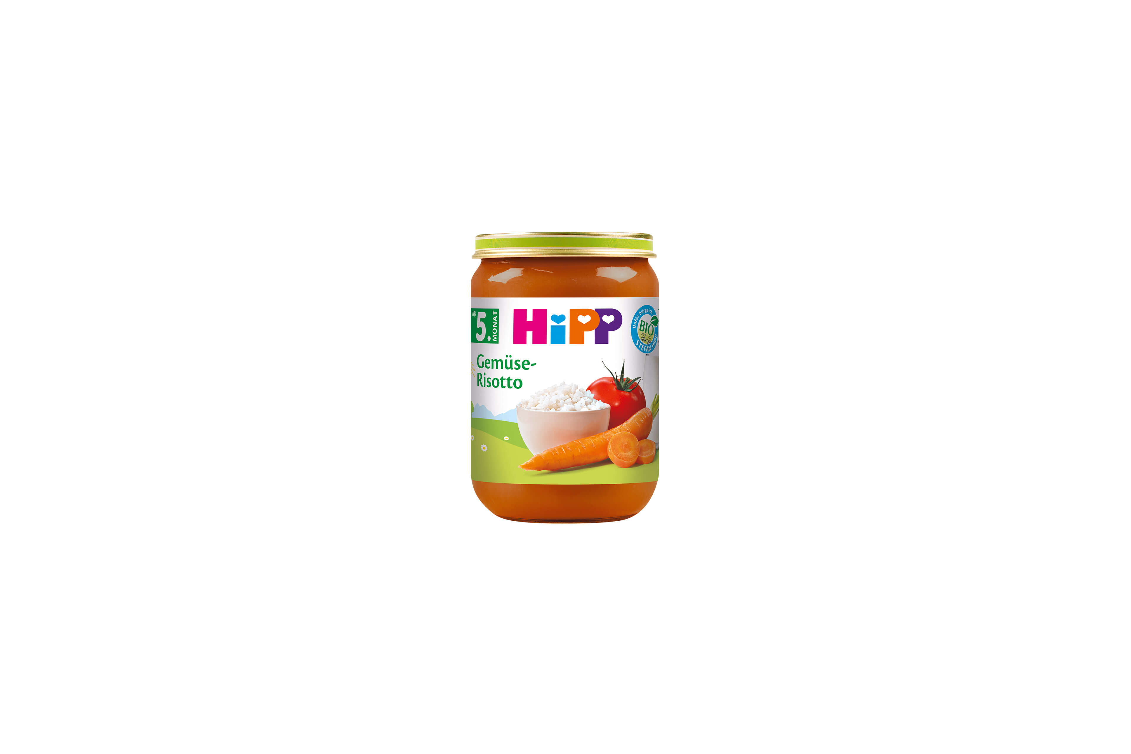 HiPP Gemüse-Risotto Bio-Gemüsebrei im 190g-Glas für Babys ab dem 5. Monat, mit Karotte, Tomate und Reis auf dem Etikett