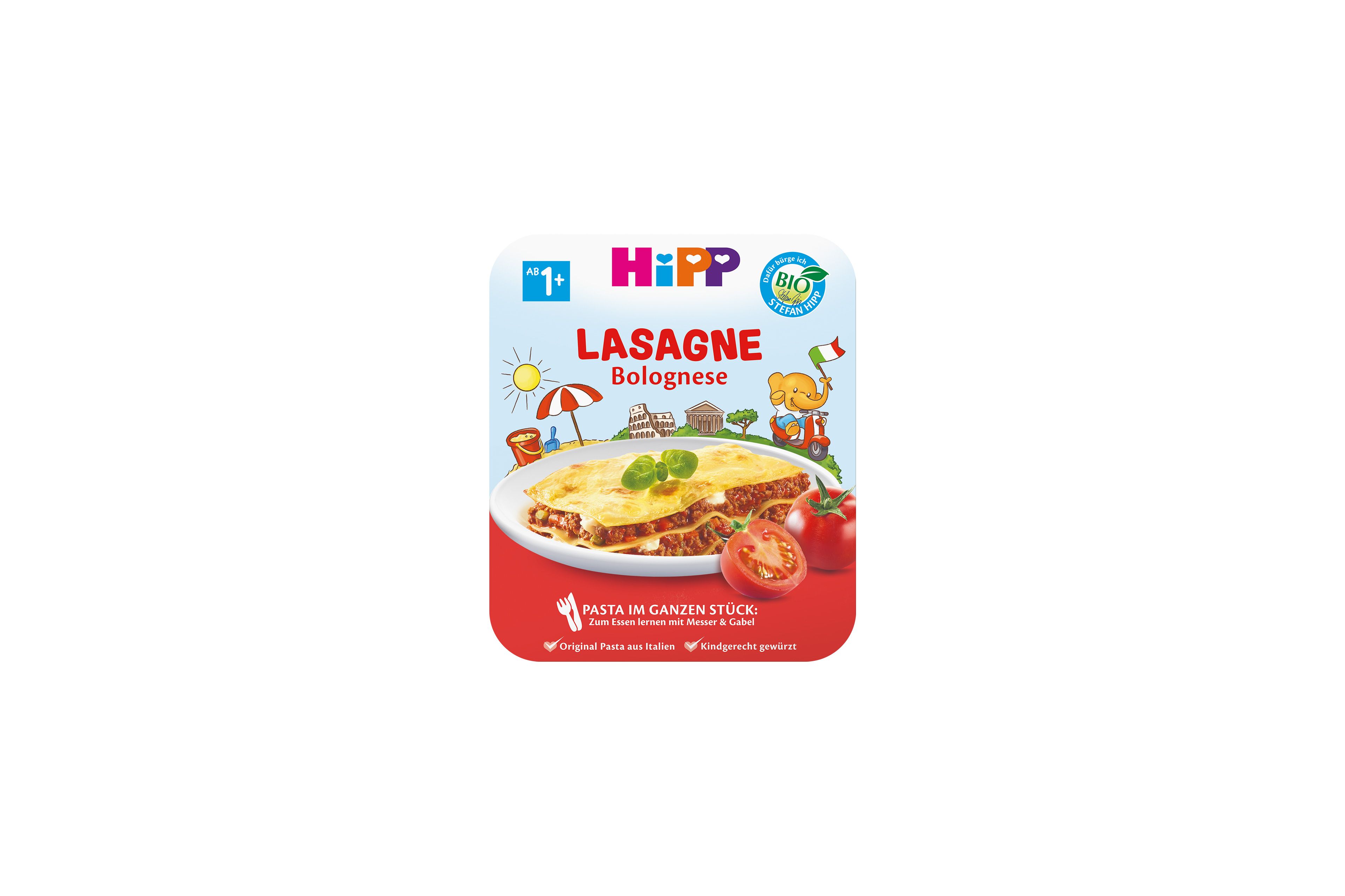HiPP Lasagne Bolognese Beikost-Schale ab 1 Jahr mit Lasagneportion auf Teller und Tomaten auf der Verpackung