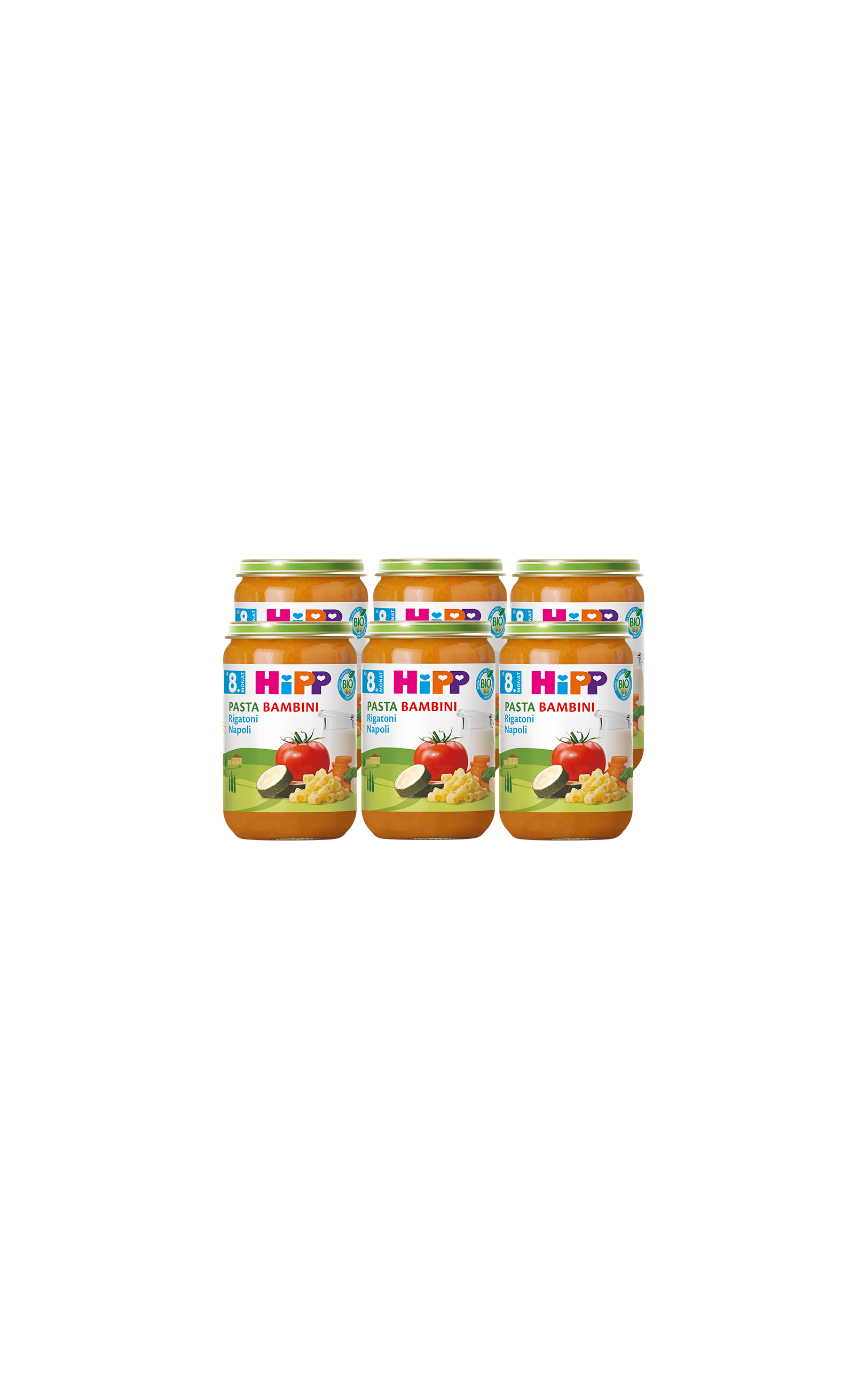 Sechserpack HiPP Pasta Bambini Rigatoni Napoli in 220g-Gläsern für Babys ab 8 Monaten