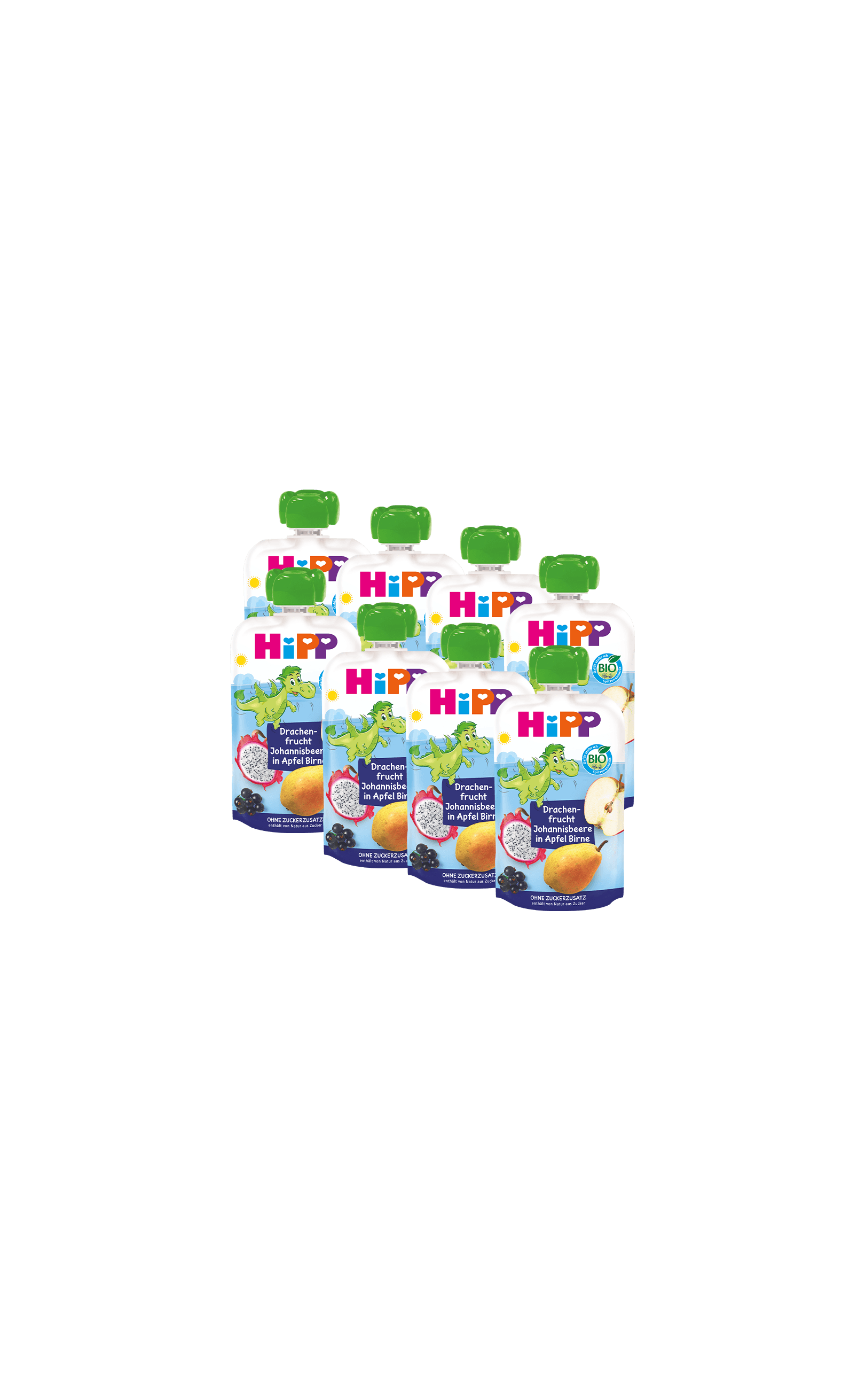 Acht HiPP Bio-Quetschbeutel Drachenfrucht-Johannisbeere in Apfel-Birne, 8x100g Packung für unterwegs